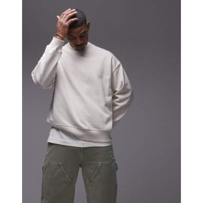 Topman oversized fit linen blend crew sweatshirt in ecru