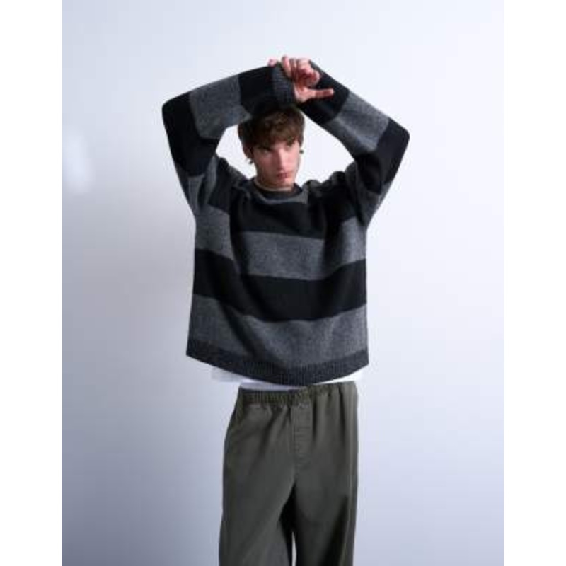 Topman regular fit striped crew neck sweater in black and charcoal