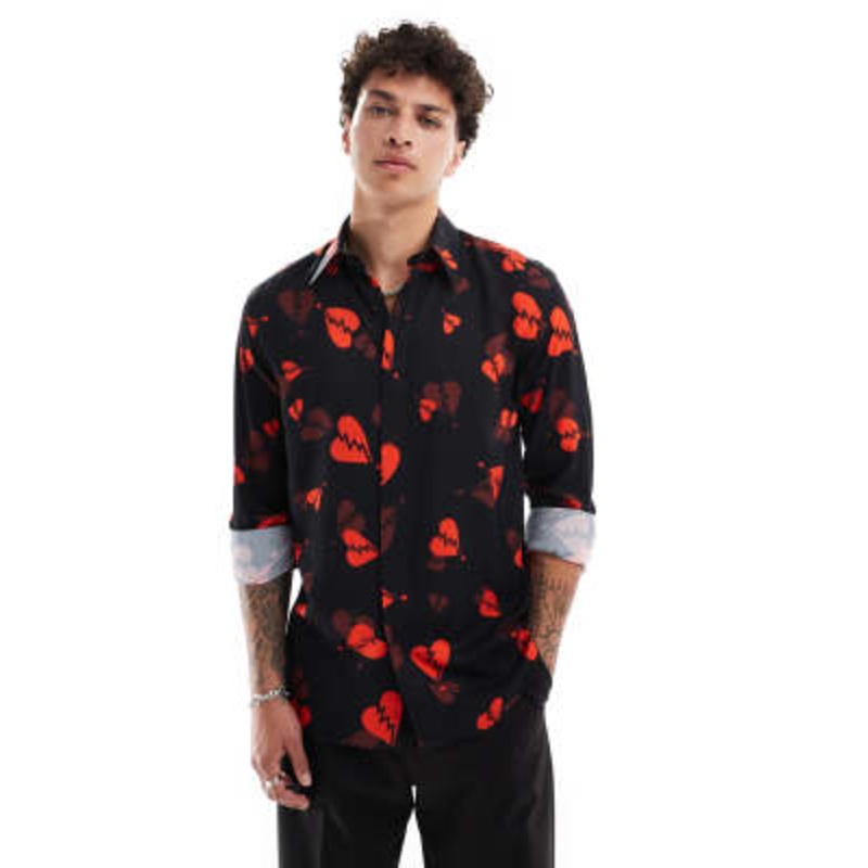 Twisted Tailor long sleeve shirt with heartbreak print in black