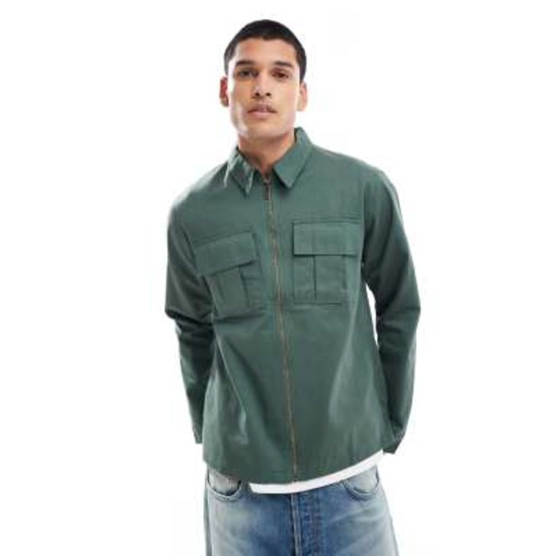 Another Influence zip up utility shirt in khaki