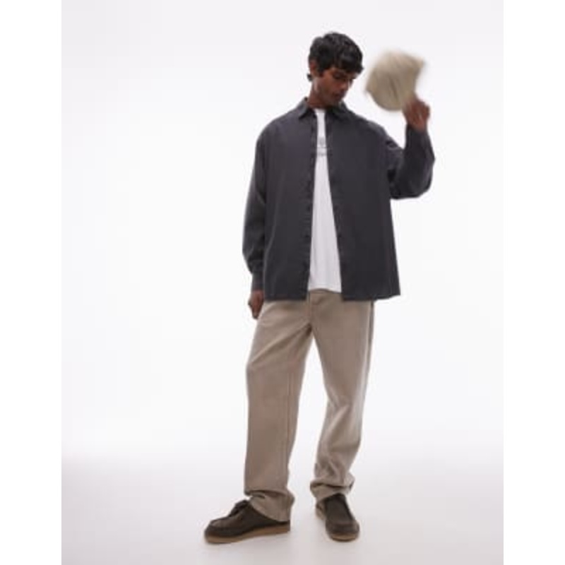 Topman long sleeve oversized shirt in washed charcoal