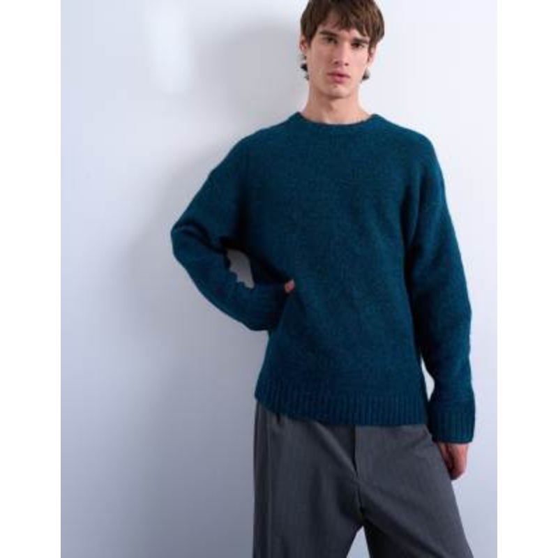 Topman loose knit crew sweater in dark blue