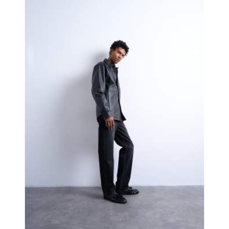 Topman regular fit real leather shirt in black