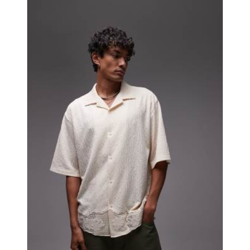 Topman relaxed fit button up jersey shirt with lace trim in light stone