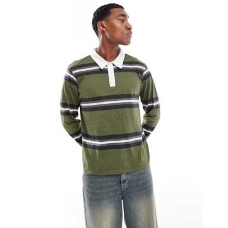 Another Influence striped long sleeve polo shirt in khaki
