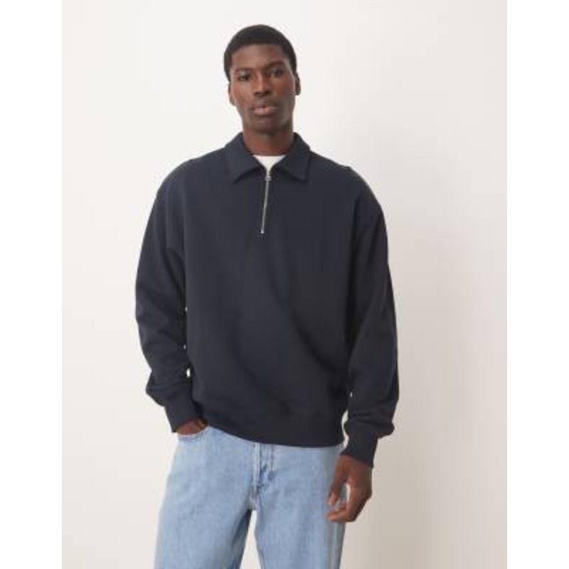 ARKET half zip lightweight sweatshirt with polo collar in navy blue
