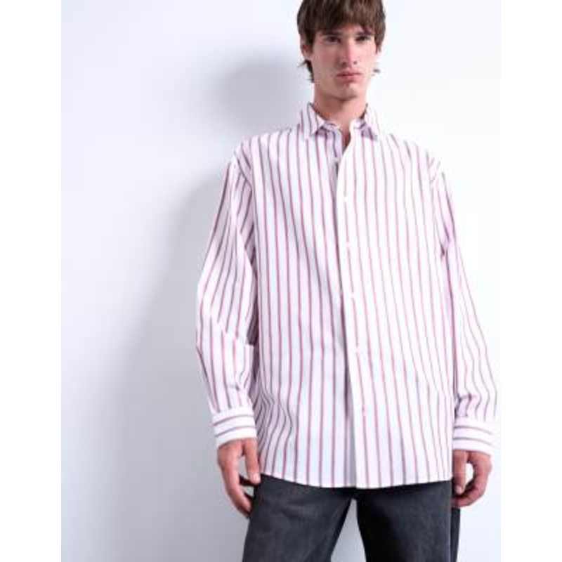 Topman oversized fit long sleeve striped shirt in burgundy