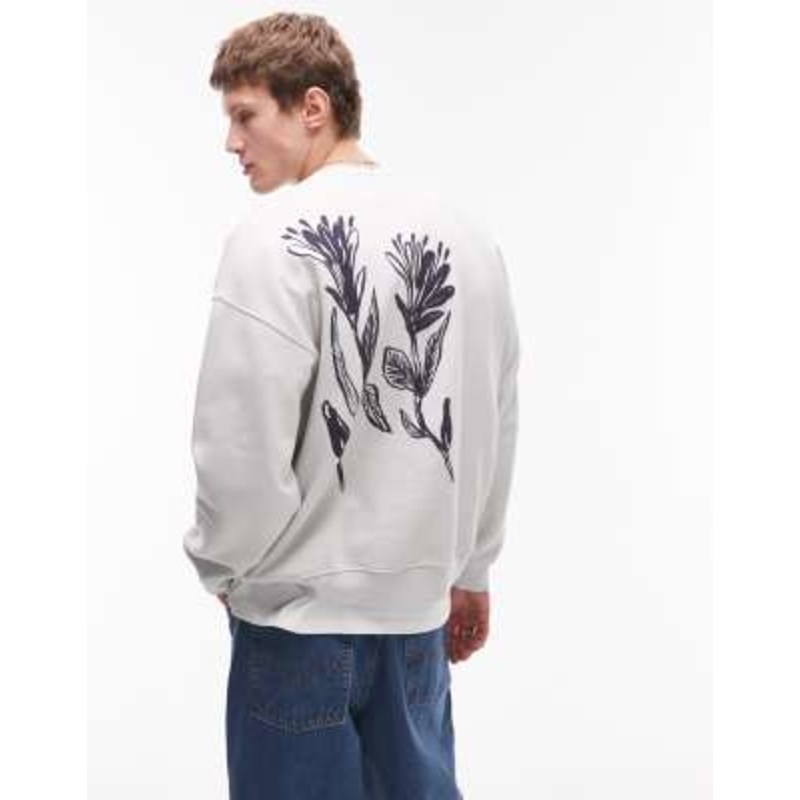Topman oversized fit sweatshirt with front and back floral motif print in washed gray