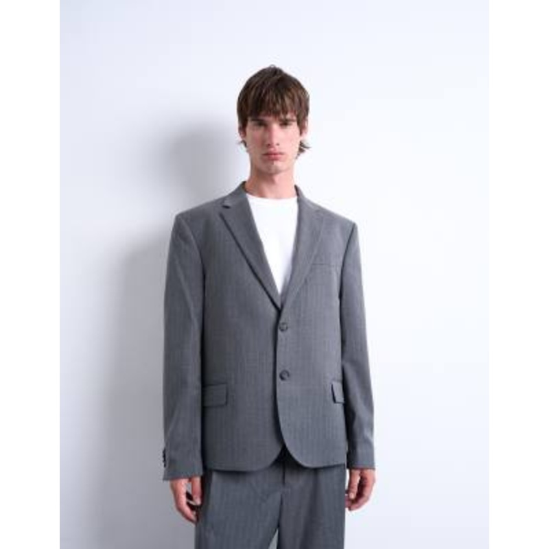 Topman relaxed boxy blazer in charcoal pinstripes