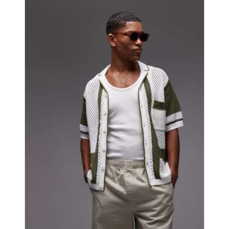 Topman relaxed crochet polo shirt with abstract detail button up in khaki
