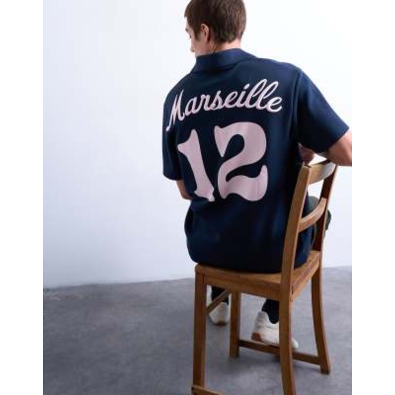 Topman relaxed fit athletic polo shirt with Marseille back embroidery in navy