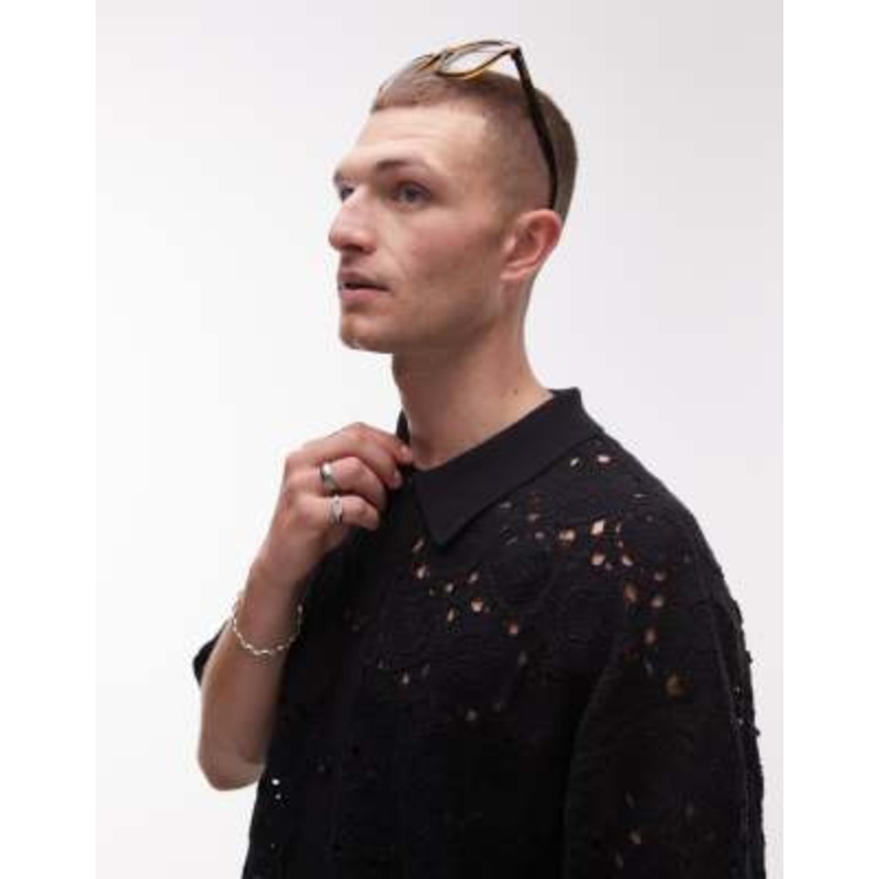 Topman relaxed floral crochet shirt in black