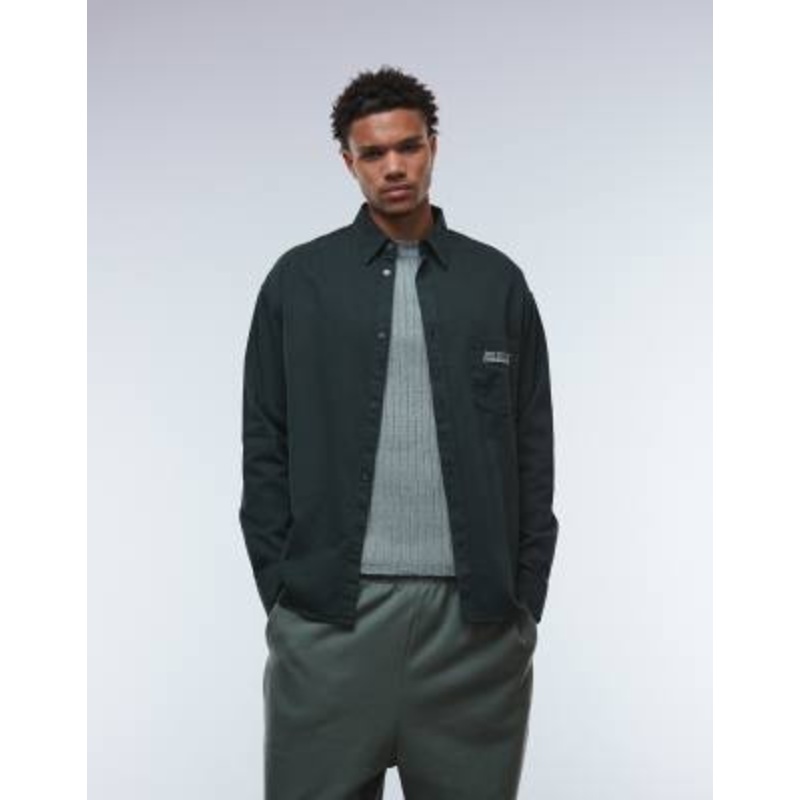 Weekday oversized fit long sleeve shirt with text embroidery in dark green