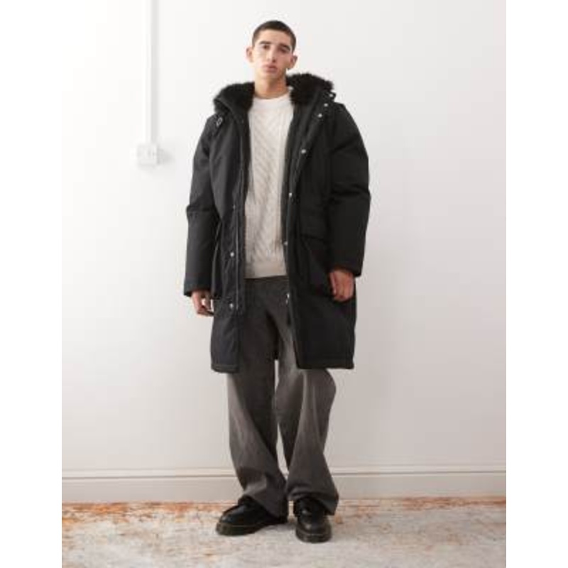 Weekday oversized parka with faux fur hood in black