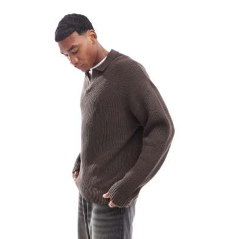 ADPT oversized fisherman rib polo in chocolate brown