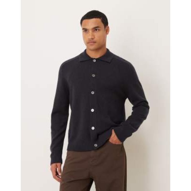 ARKET pure wool cardigan with button front and polo collar in navy blue