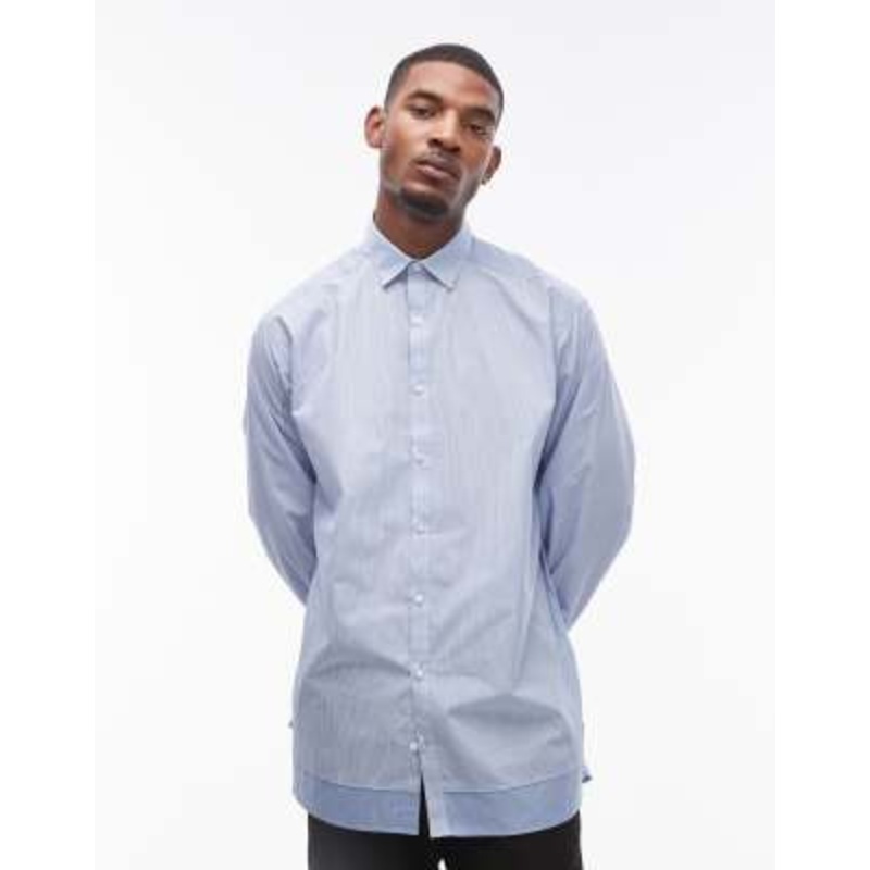 Topman long sleeve oversized spliced blue striped shirt