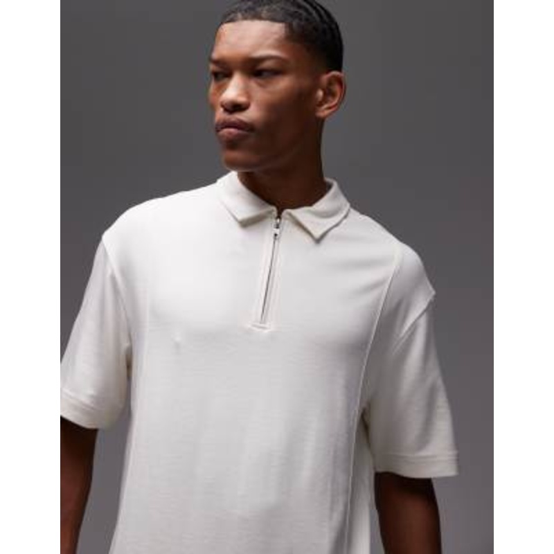 Topman premium relaxed fit polo shirt with zipper placket in ecru