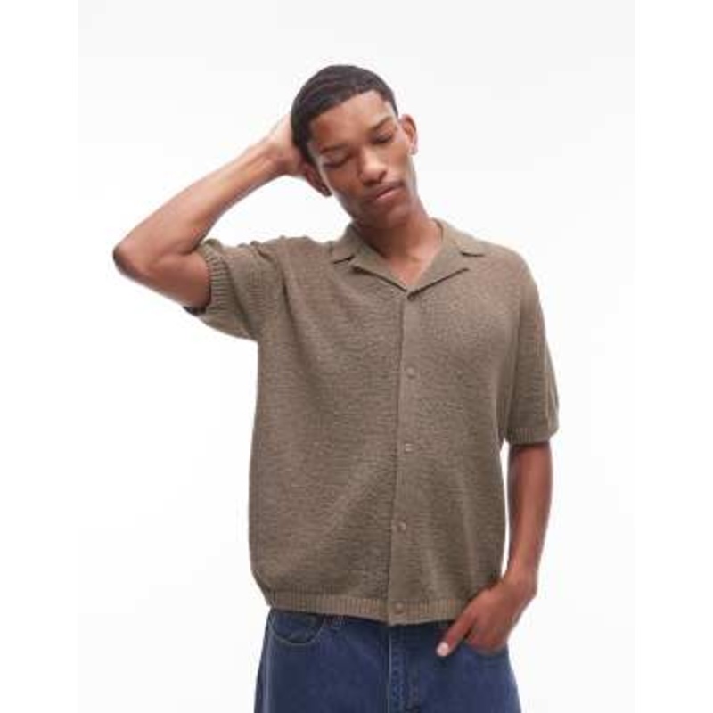 Topman relaxed camp collar button up shirt with jersey stitch in khaki
