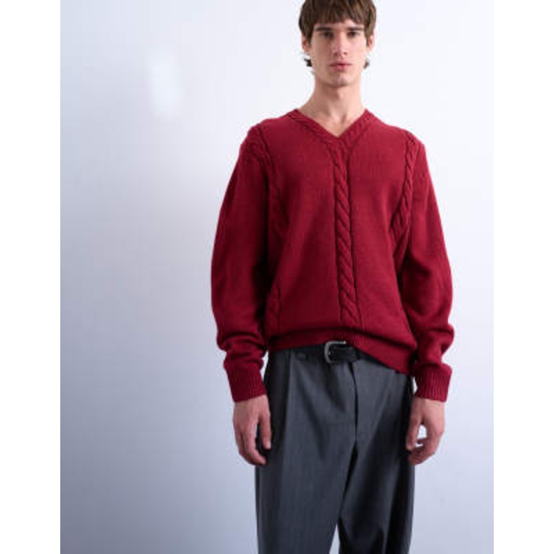 Topman relaxed fit v-neck cable knit sweater in red