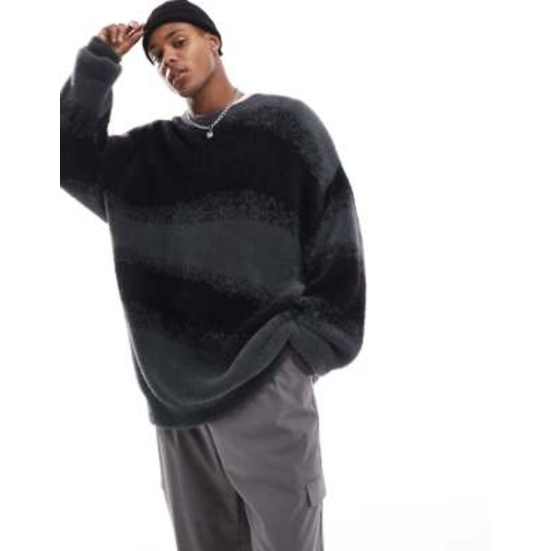 ADPT oversized crew neck sweater in diagonal print in black and gray