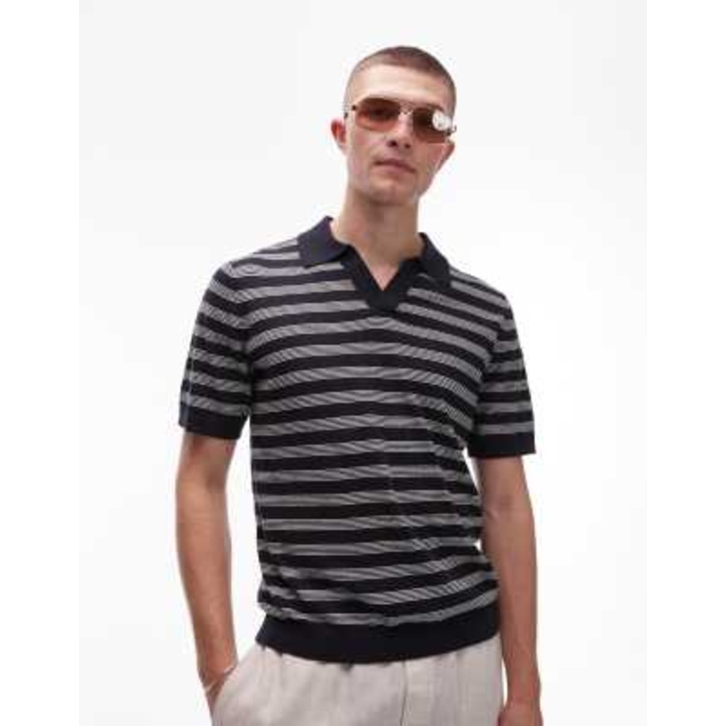ARKET cotton linen knitted shirt sleeve polo shirt in stripes