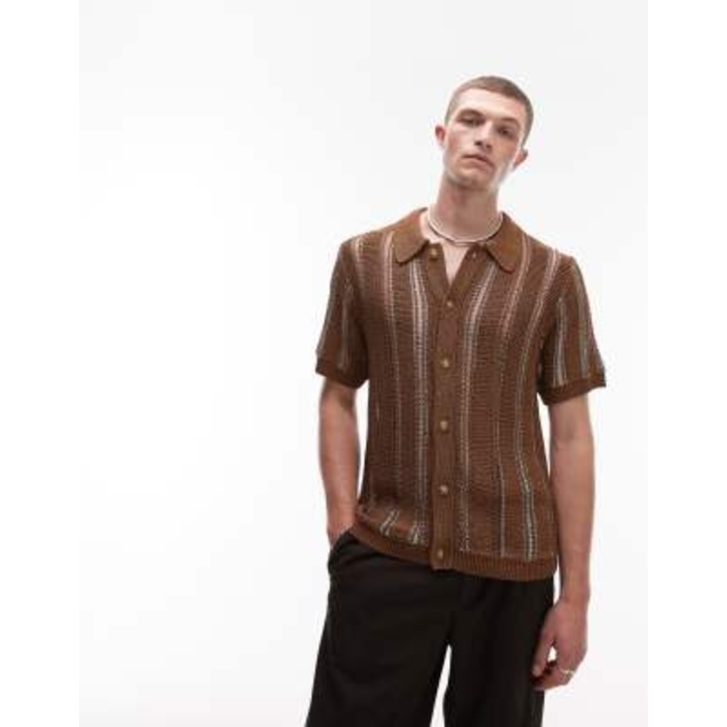 Topman knit viscose button down polo shirt with metallic stripes in brown