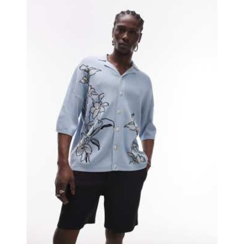 Topman relaxed camp collar knit embroidered floral shirt in light blue