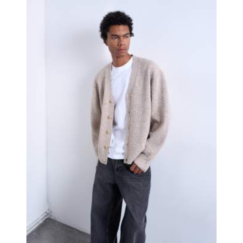 Topman relaxed fit cable knit cardigan in stone