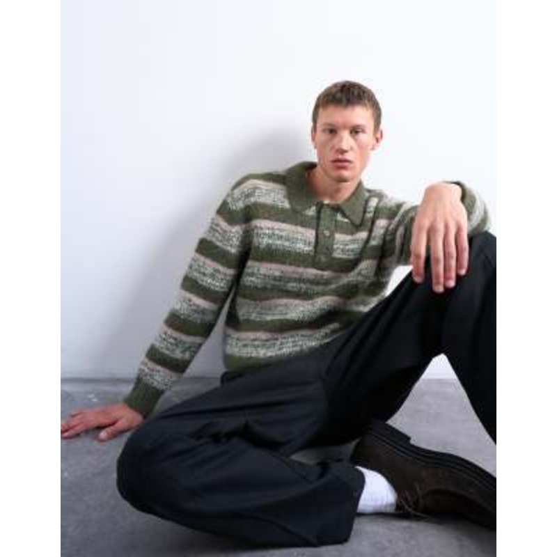 Topman relaxed fit striped knit polo shirt in khaki green