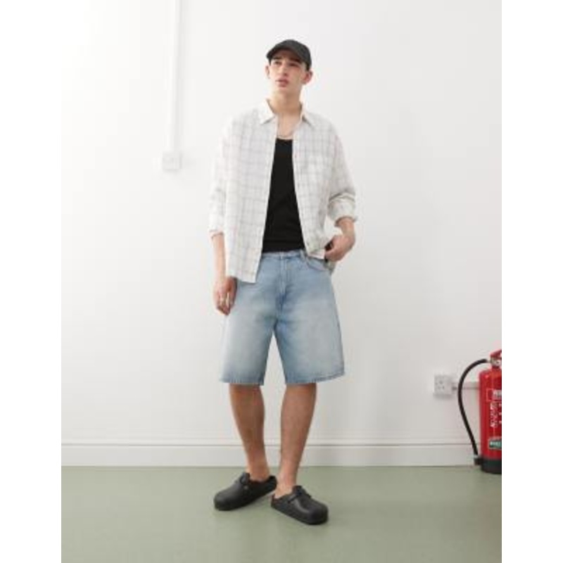 Weekday linen look oversized long sleeve shirt in off-white plaid