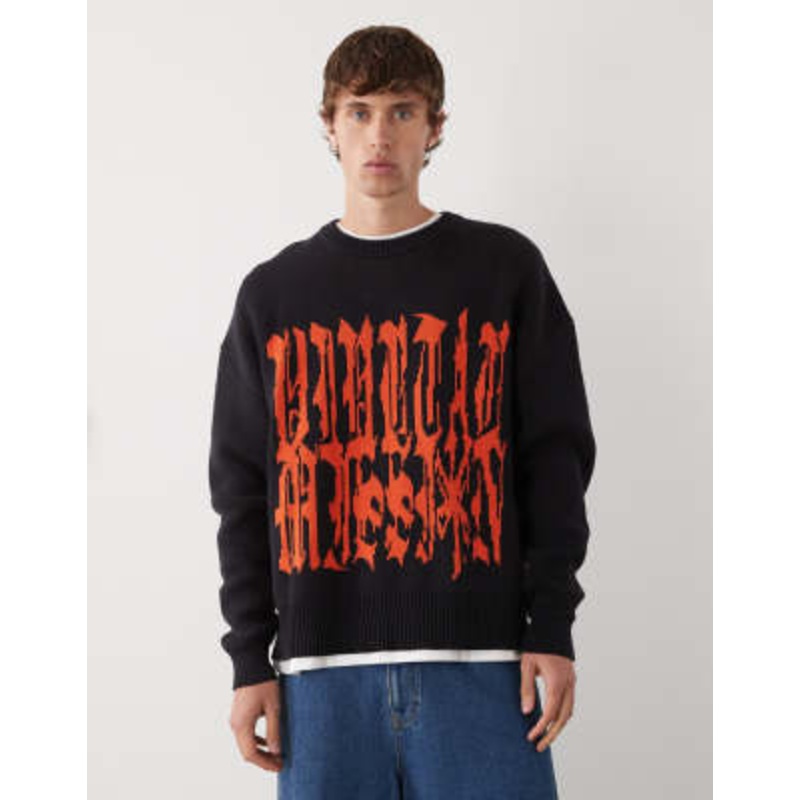 Weekday oversized sweater with red graphic jacquard in black