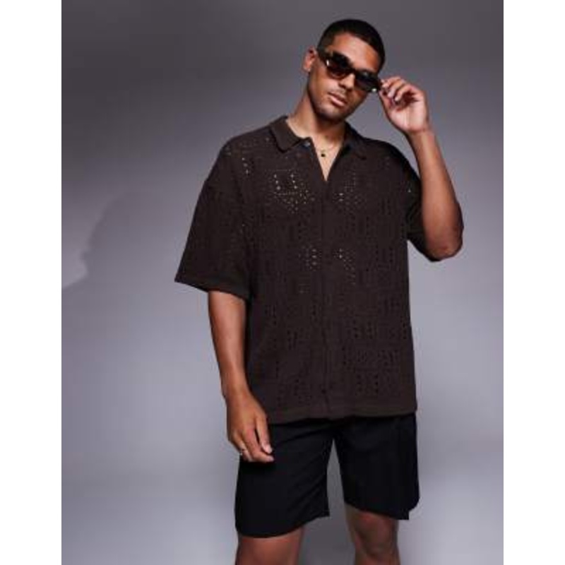 ADPT knit crochet shirt in brown
