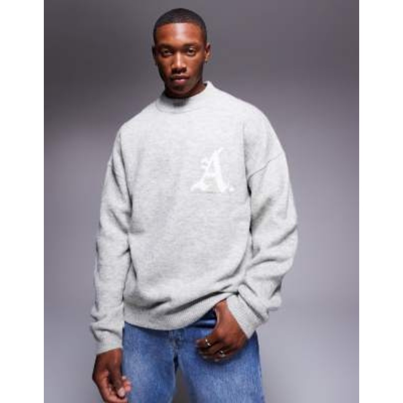 ADPT oversized crew neck knit sweater in light gray
