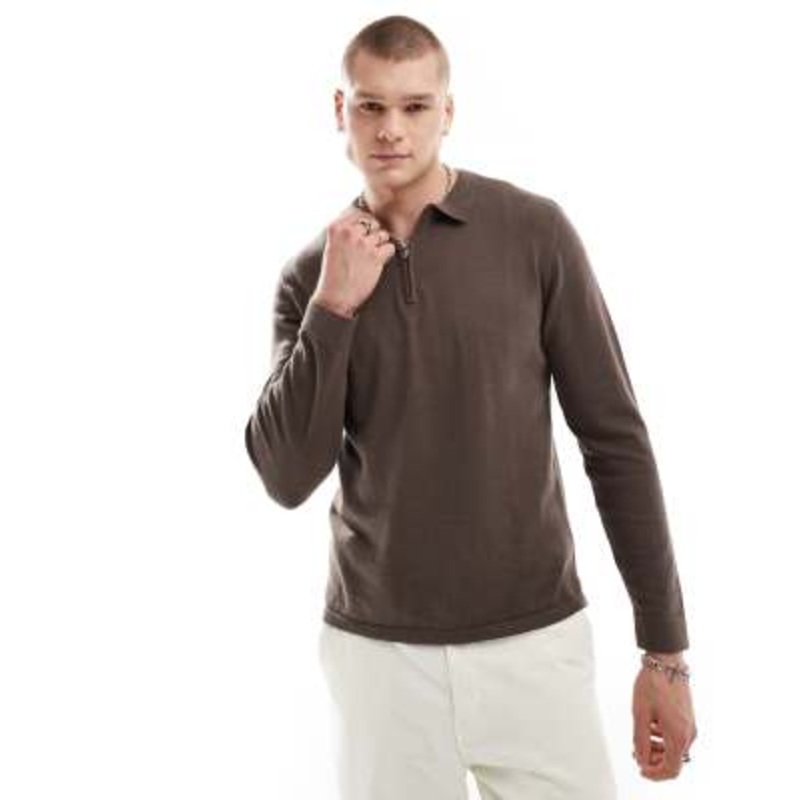 Another Influence knitted long sleeve polo sweater in brown