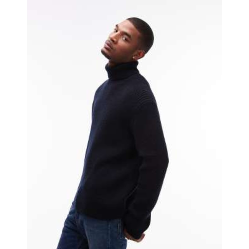 ARKET wool blend knit rib oversized roll neck sweater in blue