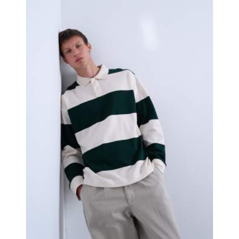 Topman oversized fit striped rugby polo in dark green
