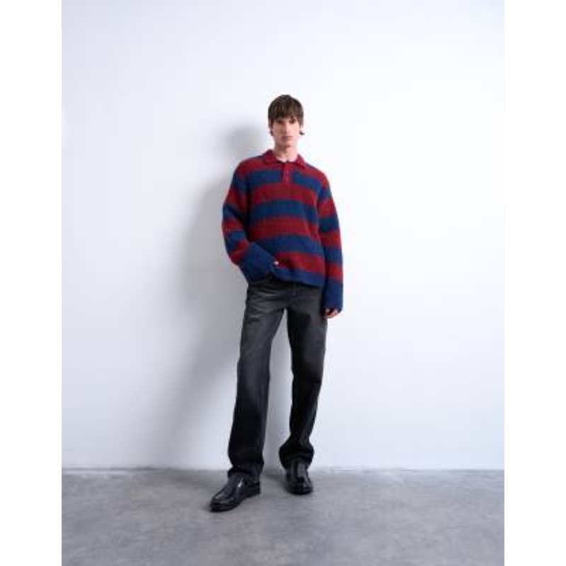 Topman relaxed fit knit striped polo sweater in burgundy