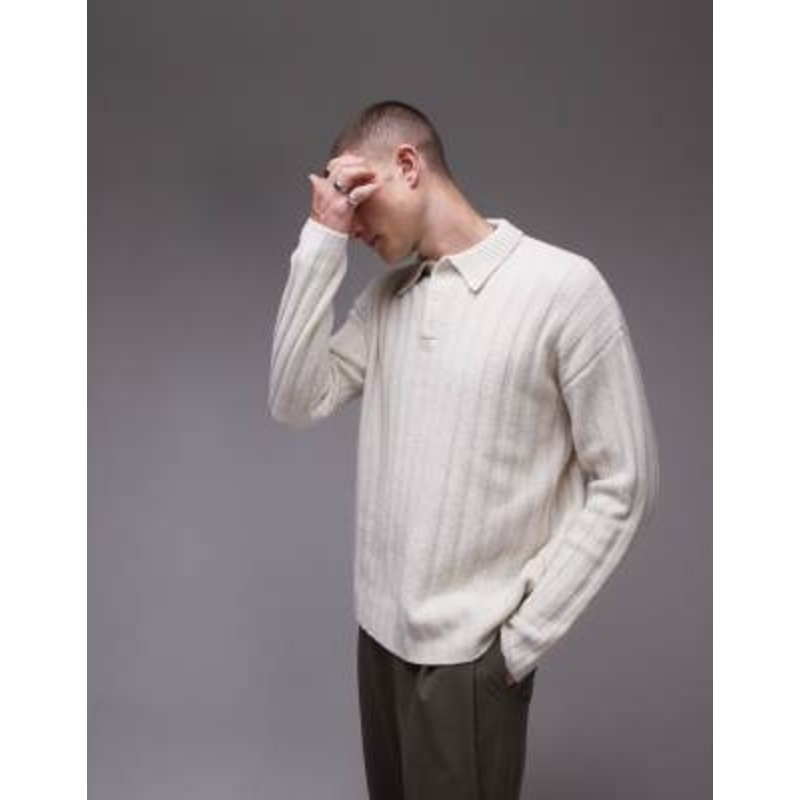 Topman relaxed fit ribbed polo sweater in ecru