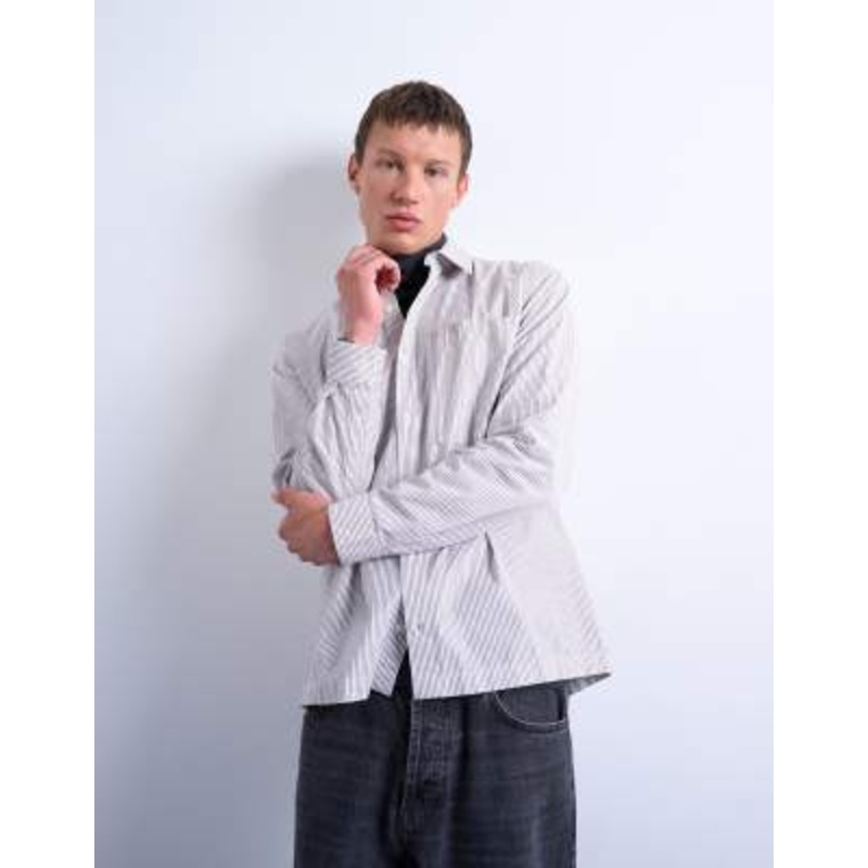 Topman relaxed fit striped shirt in tonal ecru & brown