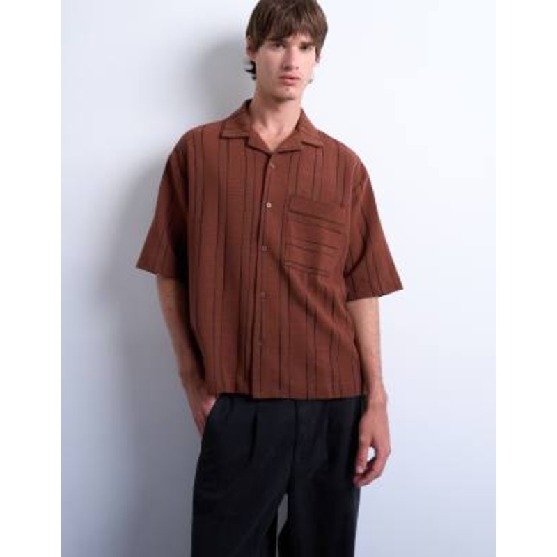 Topman relaxed fit textured striped button down polo shirt in brown