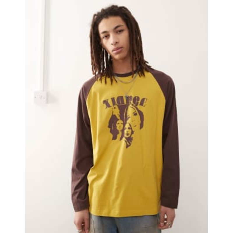 XLARGE contrast raglan top with motif graphic in yellow and brown