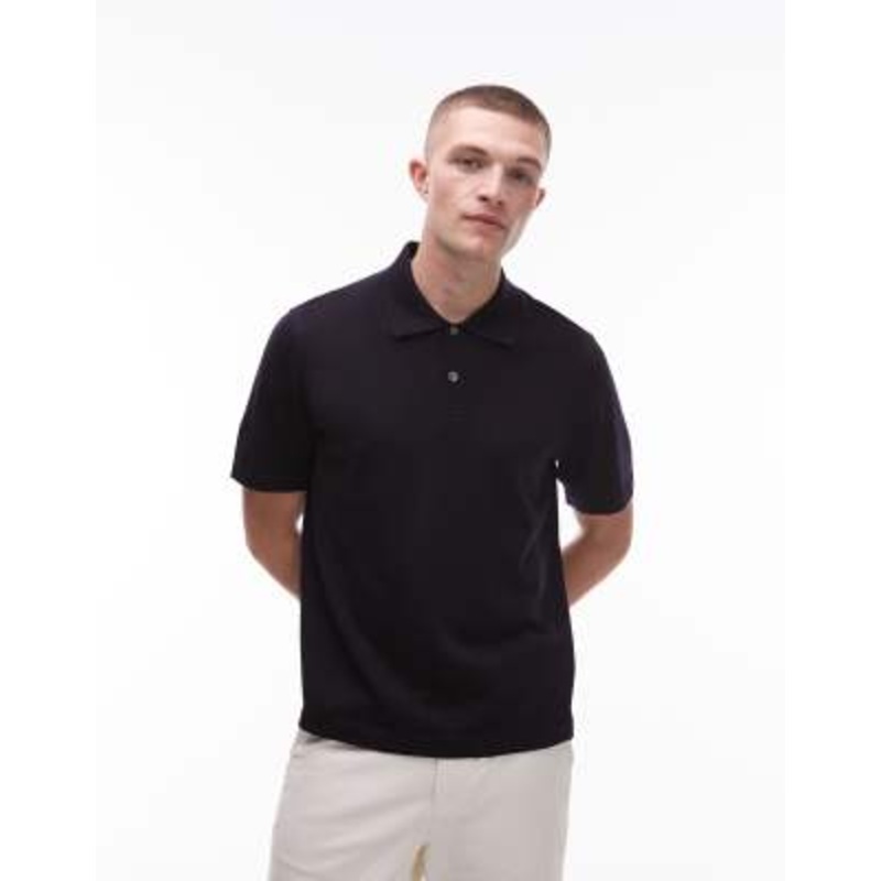 ARKET merino wool knit long sleeve polo shirt in navy