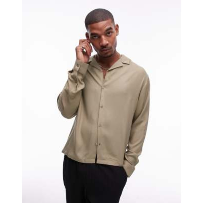 Topman long sleeve viscose shirt in khaki