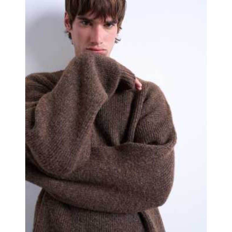 Topman oversized fit crew sweater in brown