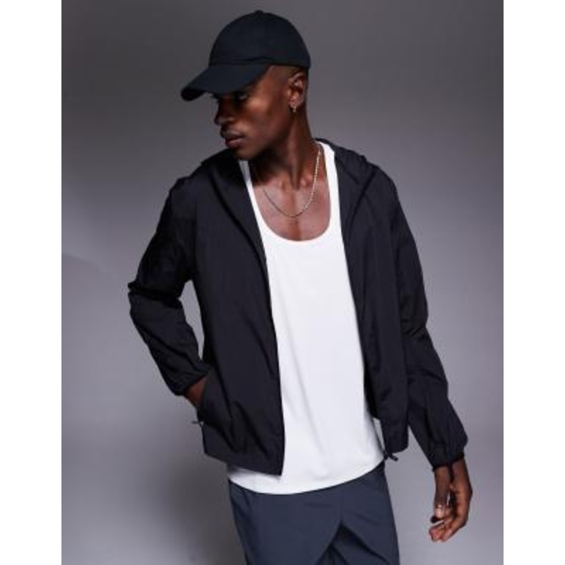 4505 crinkle nylon water repellent lightweight boxy fit run jacket with hood in black