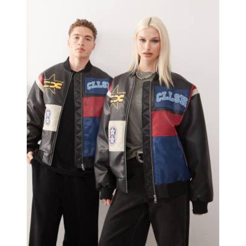 COLLUSION Unisex leather look patchwork bomber jacket in black
