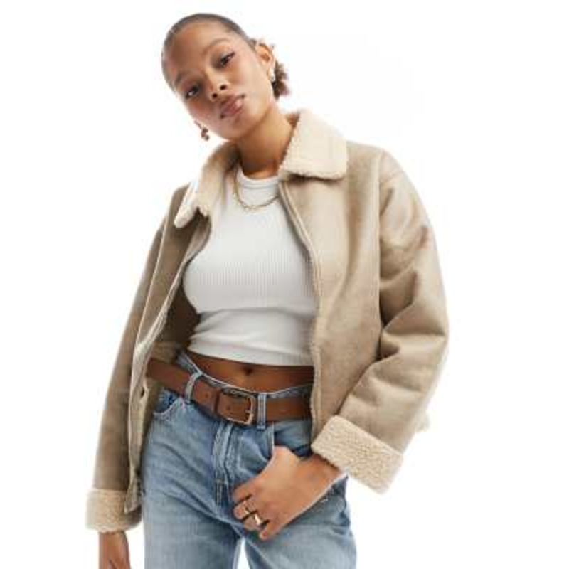 Cotton On Dakota faux leather aviator jacket in taupe