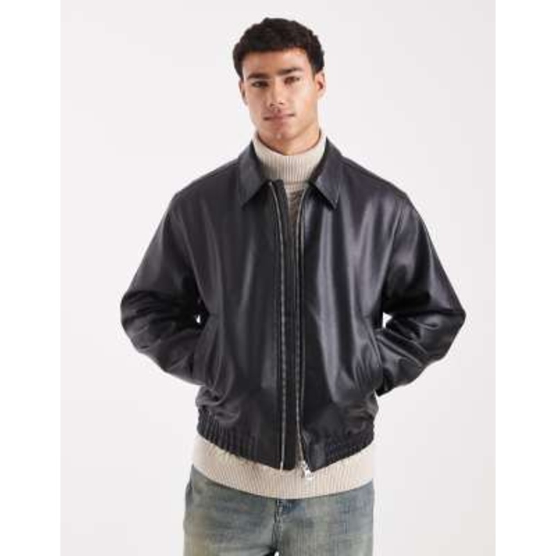 Jack & Jones faux leather harrington bomber jacket in black