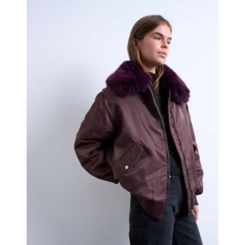 Topshop nylon bomber jacket with faux-fur collar in red